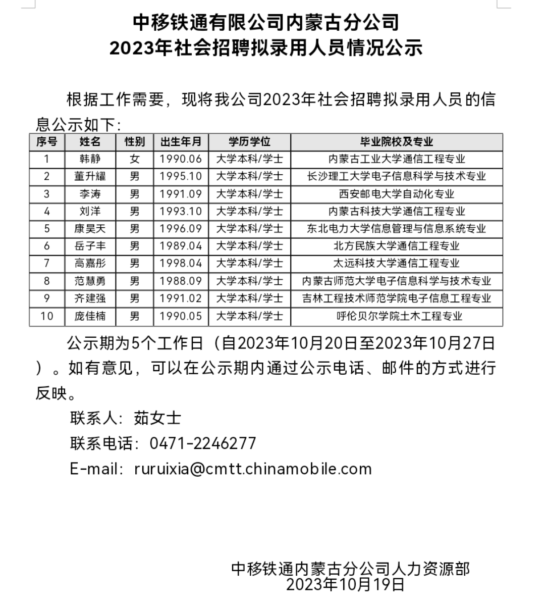 中移铁通有限公司内蒙古分公司2023年社会招聘拟录用人员情况